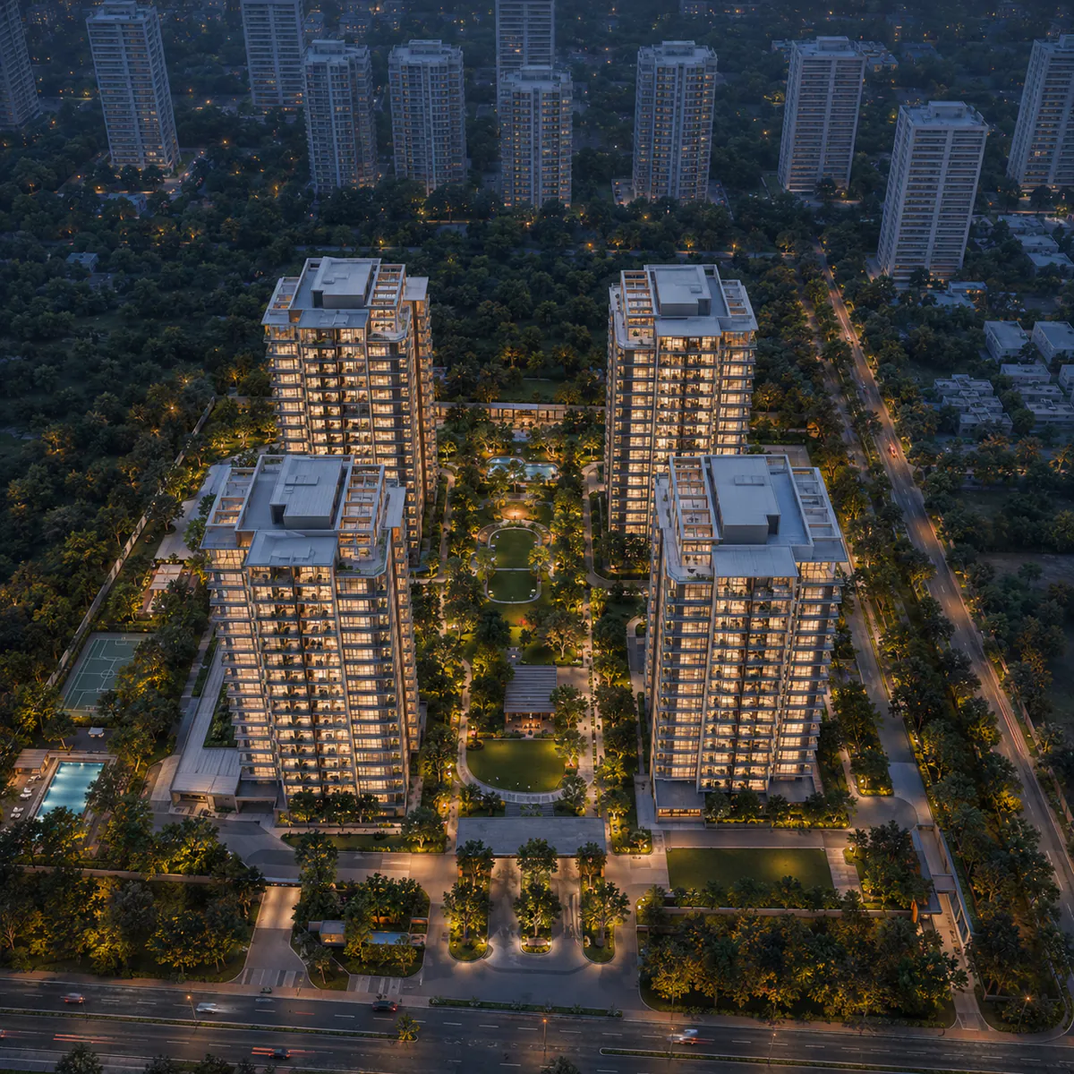SNN Kannur Road aerial view - four Ground+16 blocks on seven acres around the central green spine