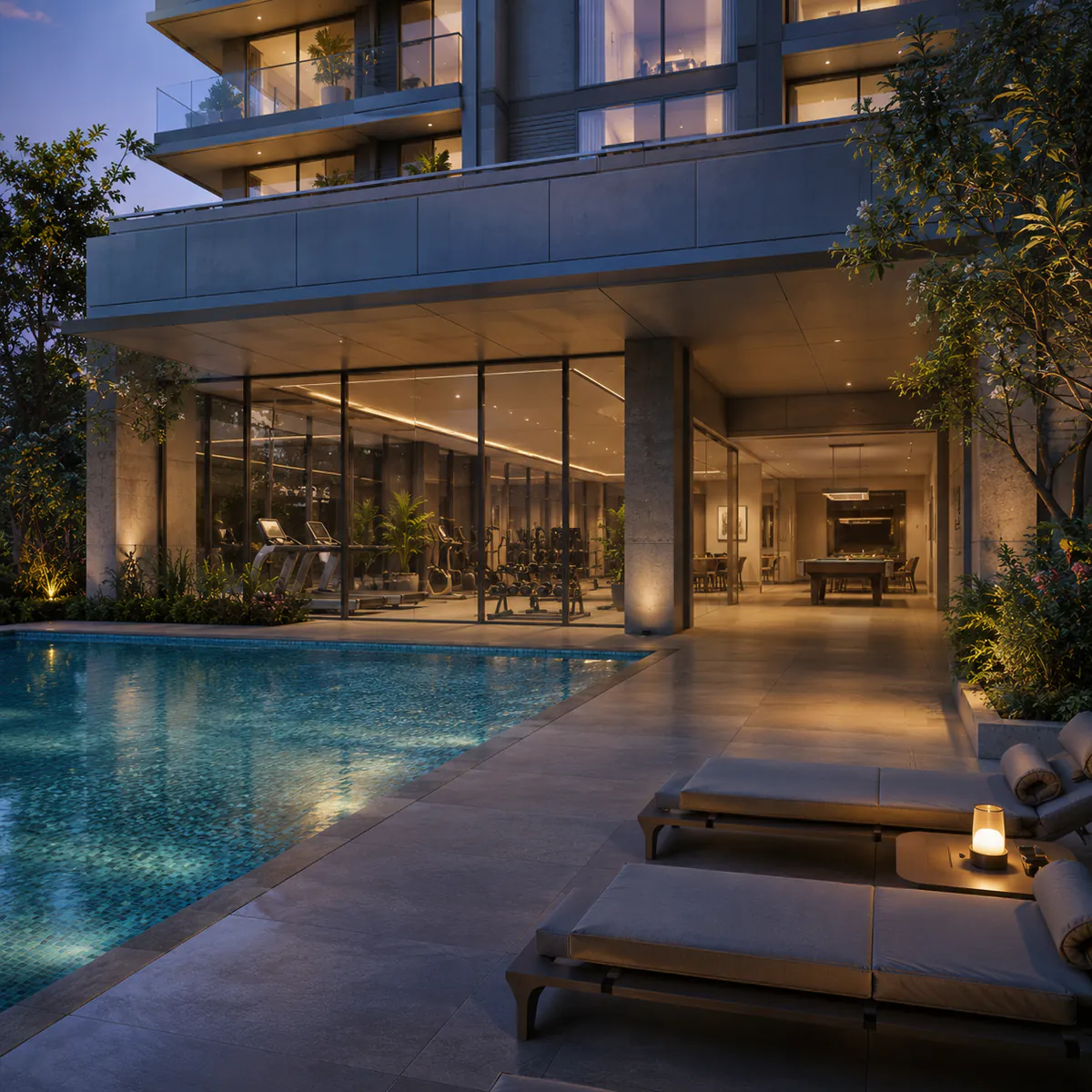 SNN Kannur Road clubhouse interior with gymnasium glazed onto the pool deck