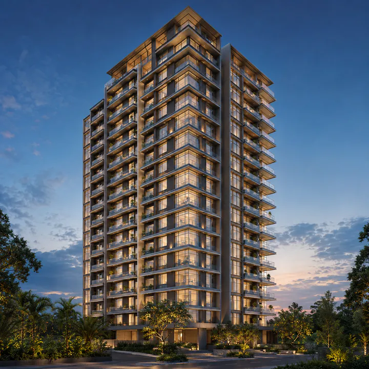 SNN Kannur Road tower exterior - Ground+16 elevation at dusk with articulated balcony rhythm