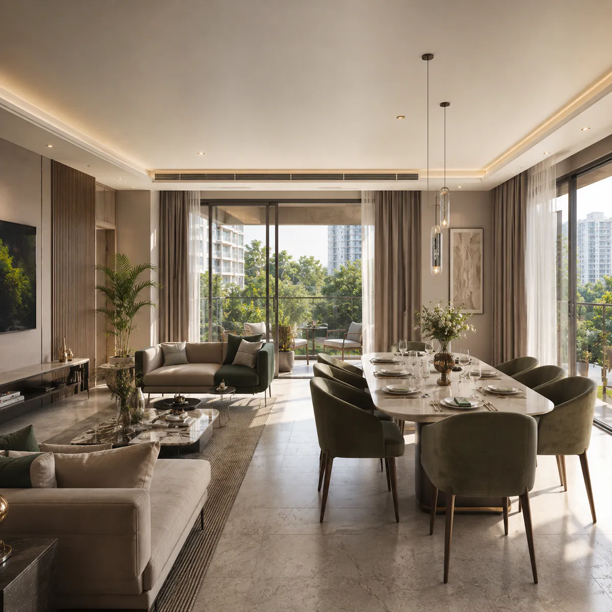 SNN Kannur Road apartment interior - living and dining volume with the balcony beyond