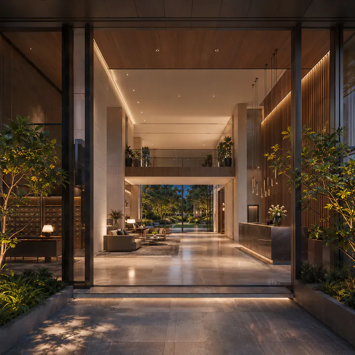 SNN Kannur Road double-height entrance lobby with landscaped forecourt beyond